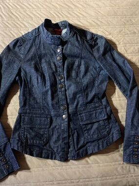 Vintage Y2K GUESS Dark Wash Tailored Denim Military Jacket M